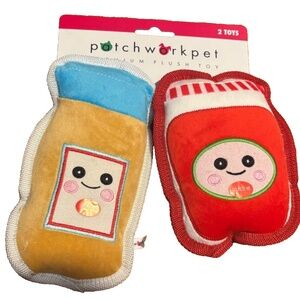 (2 toys) Patchwork Pet Peanut Butter & Jelly Plush Squeaky 7" Companion Dog Toy